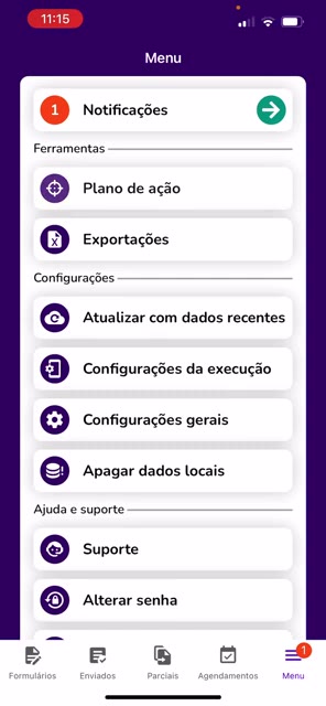 Menu do aplicativo com a opção Plano de ação destacada