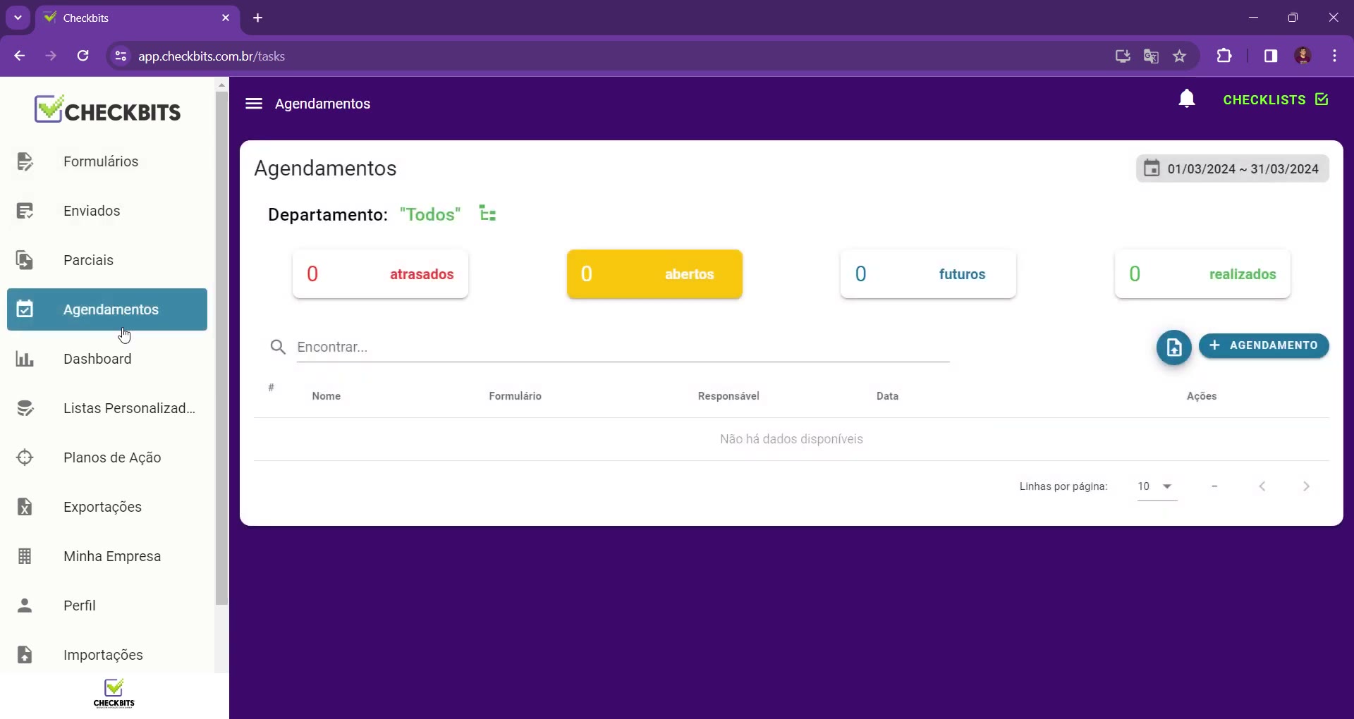 Tela de Agendamentos com os indicadores atrasados, abertos, futuros e realizados