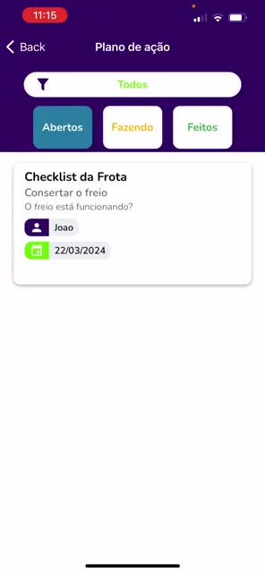 Lista de planos de ação com as abas Abertos, Fazendo e Feitos