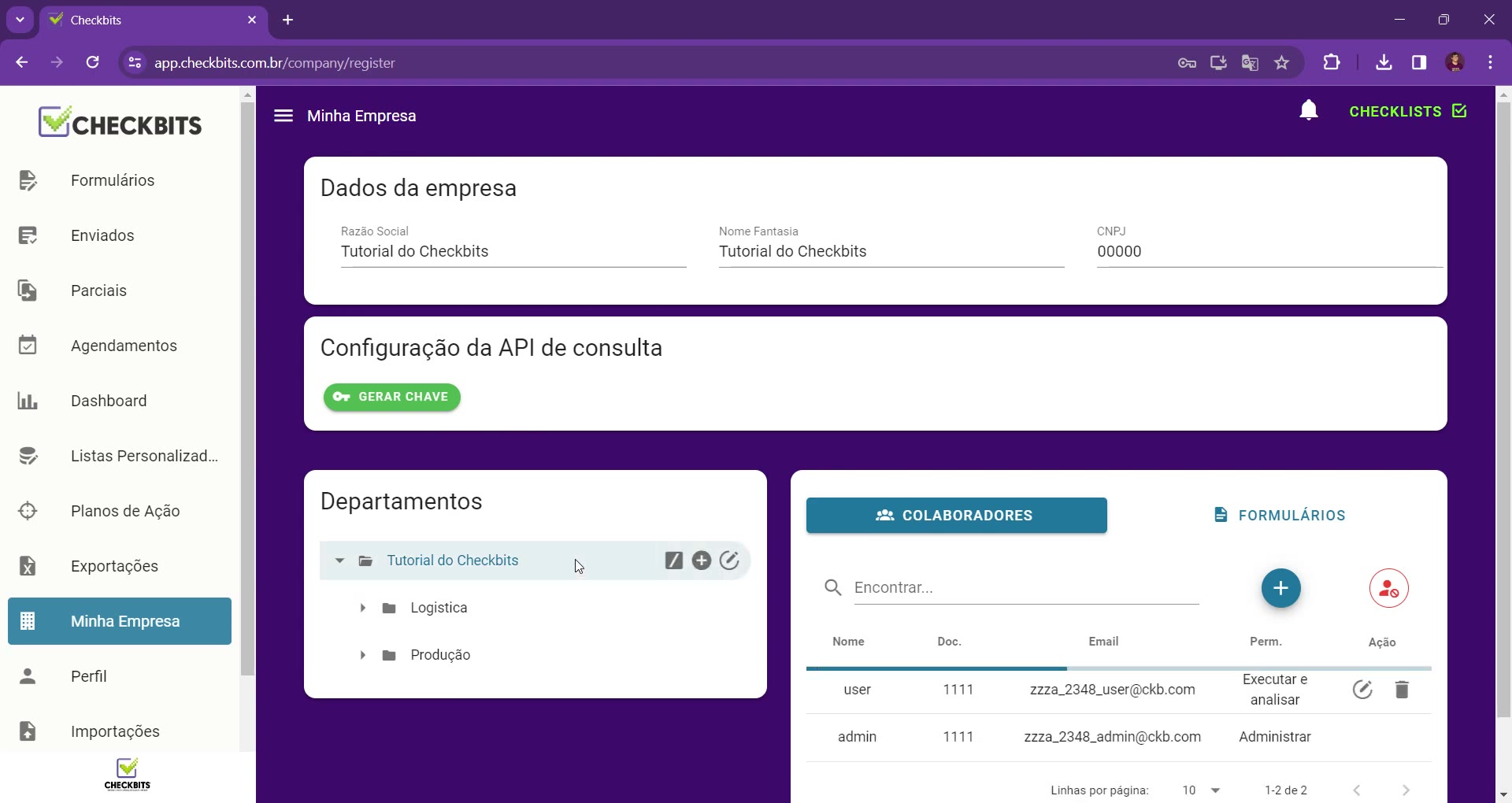 Tela Minha Empresa com a árvore de Departamentos e a aba Colaboradores com o botão de adicionar