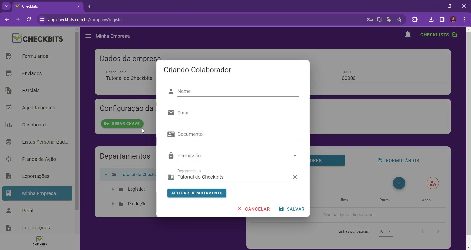 Formulário Criando Colaborador com os campos Nome, Email, Documento, Permissão e Departamento