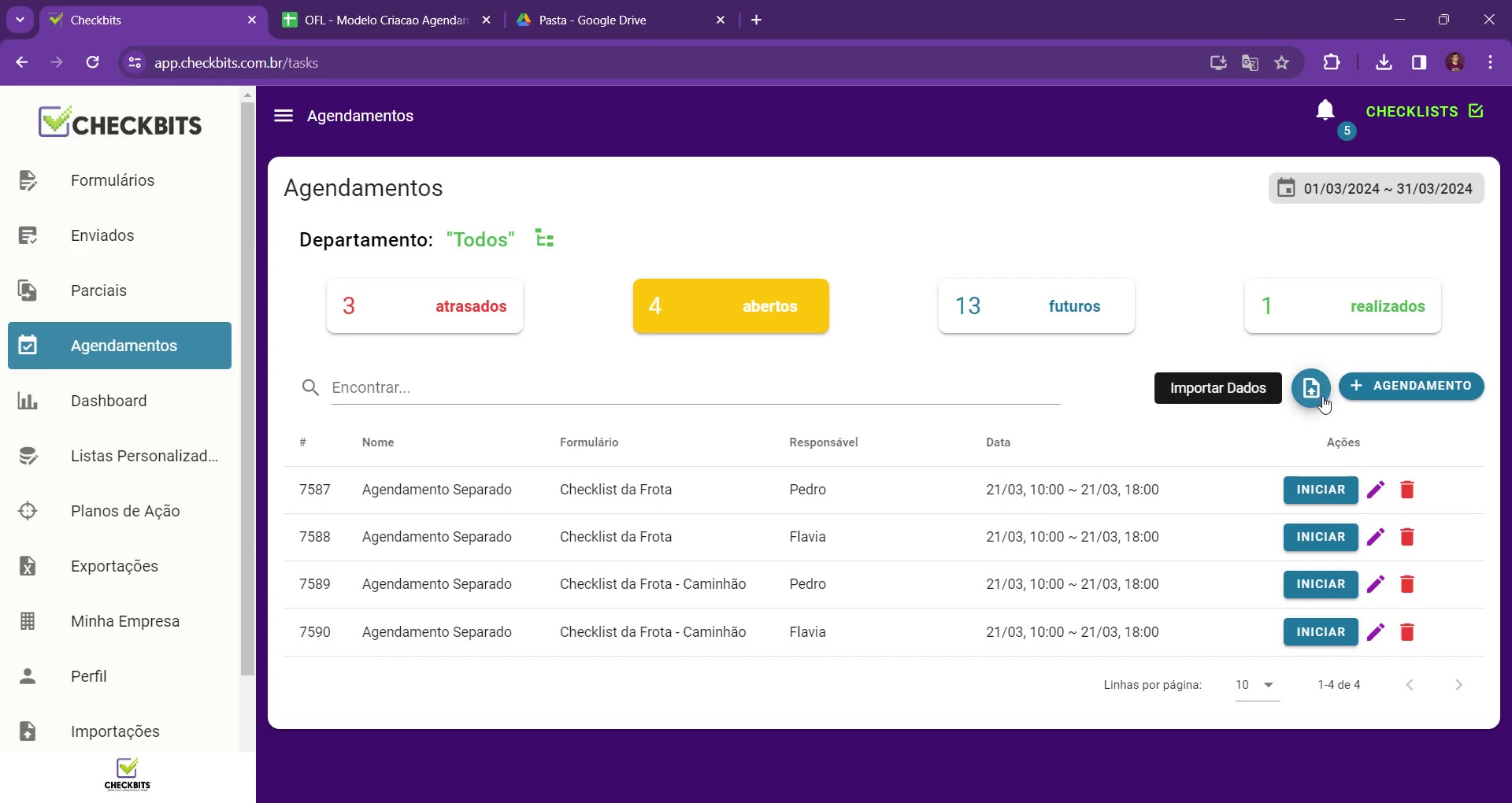 Botão Importar Dados destacado na tela de Agendamentos