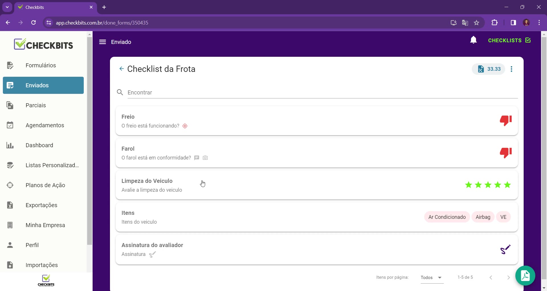 Detalhe de um checklist enviado com respostas por item