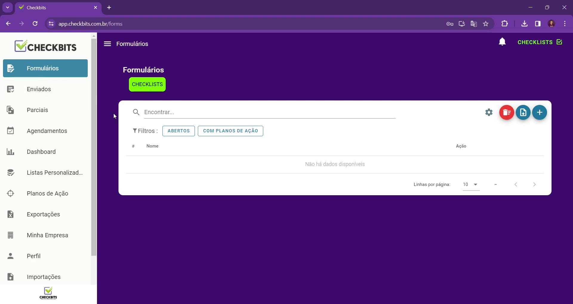 Aba Formulários do Checkbits com a lista de checklists e o botão de adicionar