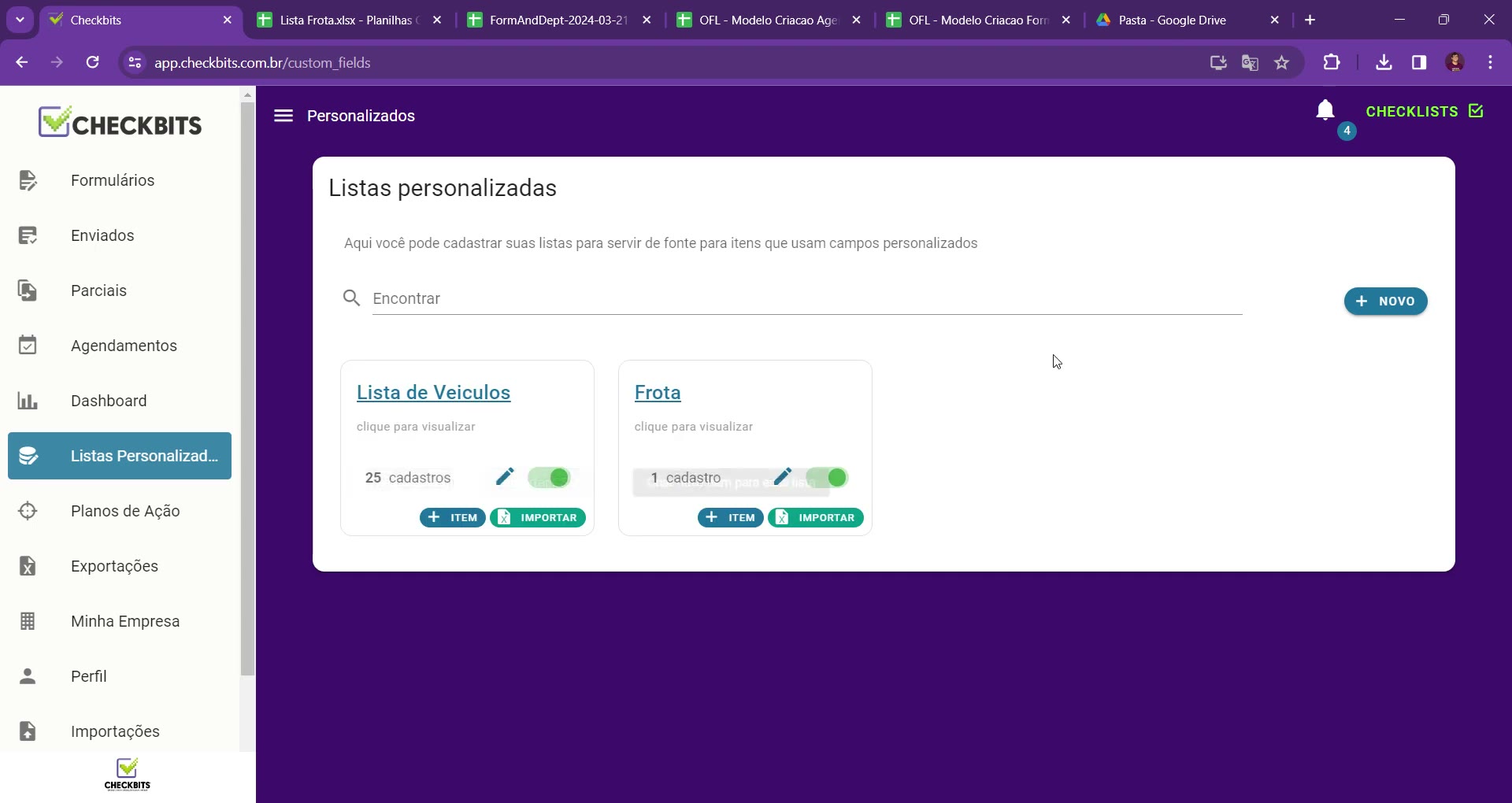 Tela Listas personalizadas com cartões das listas existentes