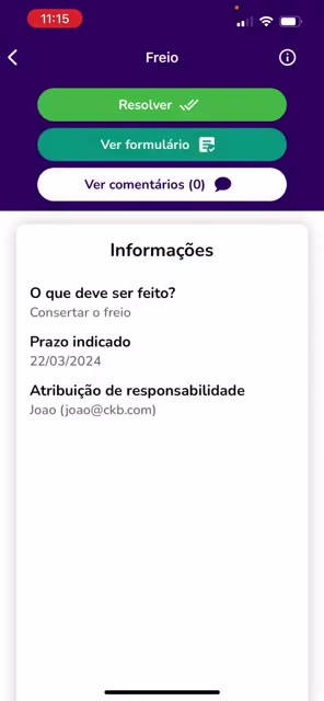 Tela de detalhes com o botão Resolver após iniciar a tratativa