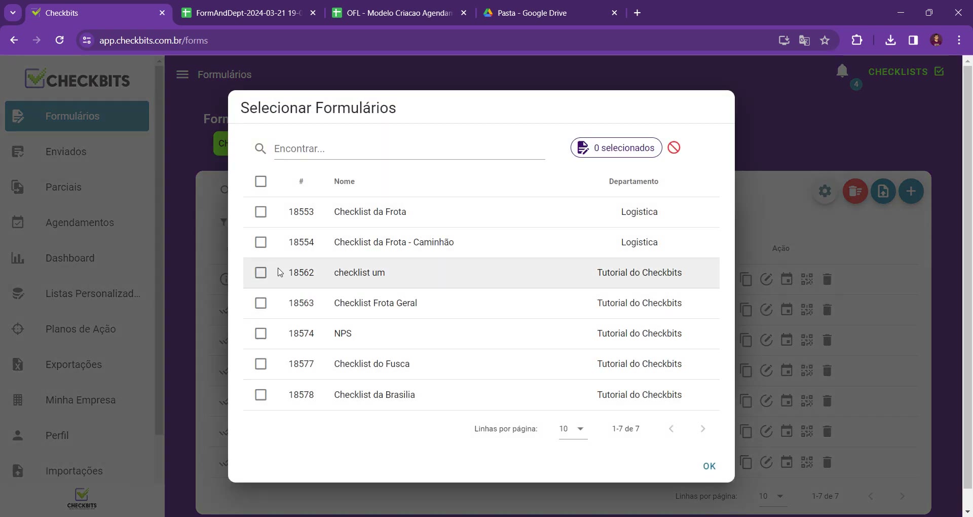 Janela Importar Formulários com a opção Duplicar e os botões de seleção e download