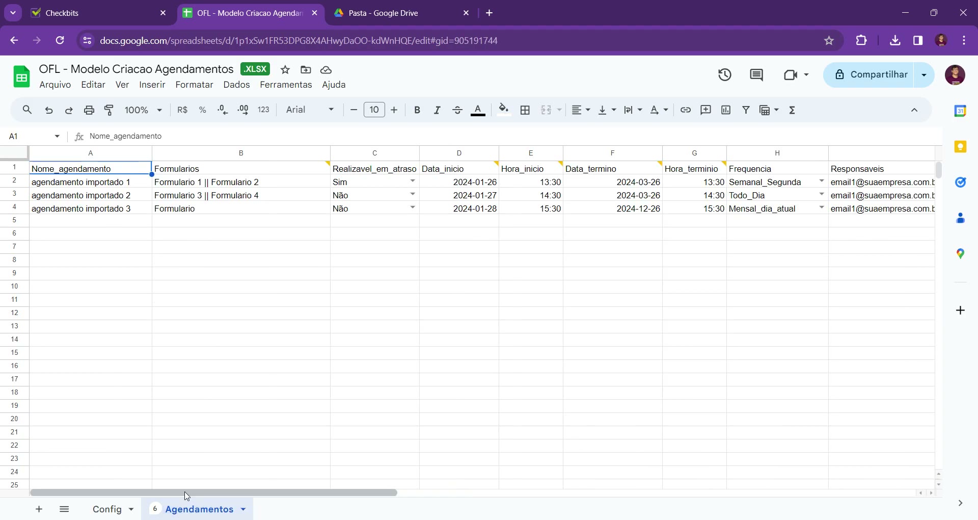 Planilha modelo aberta com abas Config e Agendamentos e linhas de exemplo