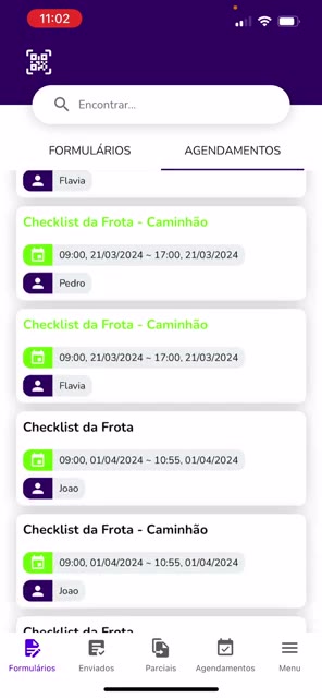 Aba de agendamentos com checklists no prazo e fora do prazo