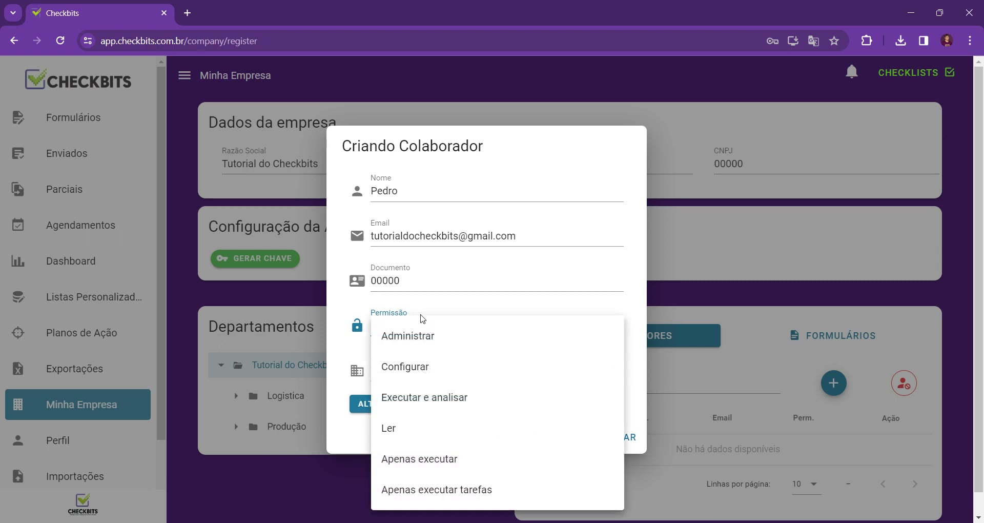 Lista de permissões aberta mostrando os perfis disponíveis