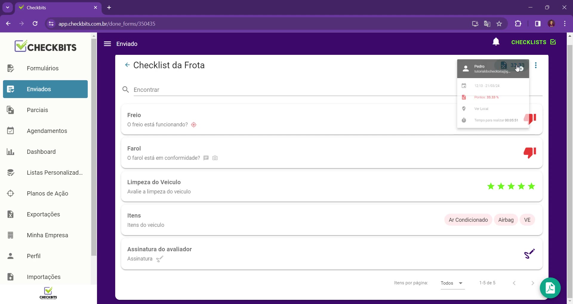 Resumo do preenchimento com local, pontuação e tempo gasto