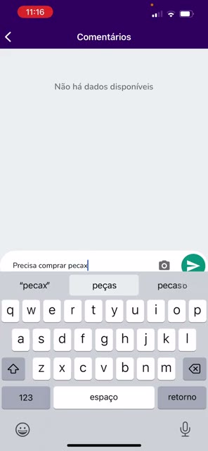 Tela de comentários com texto sendo digitado no campo inferior