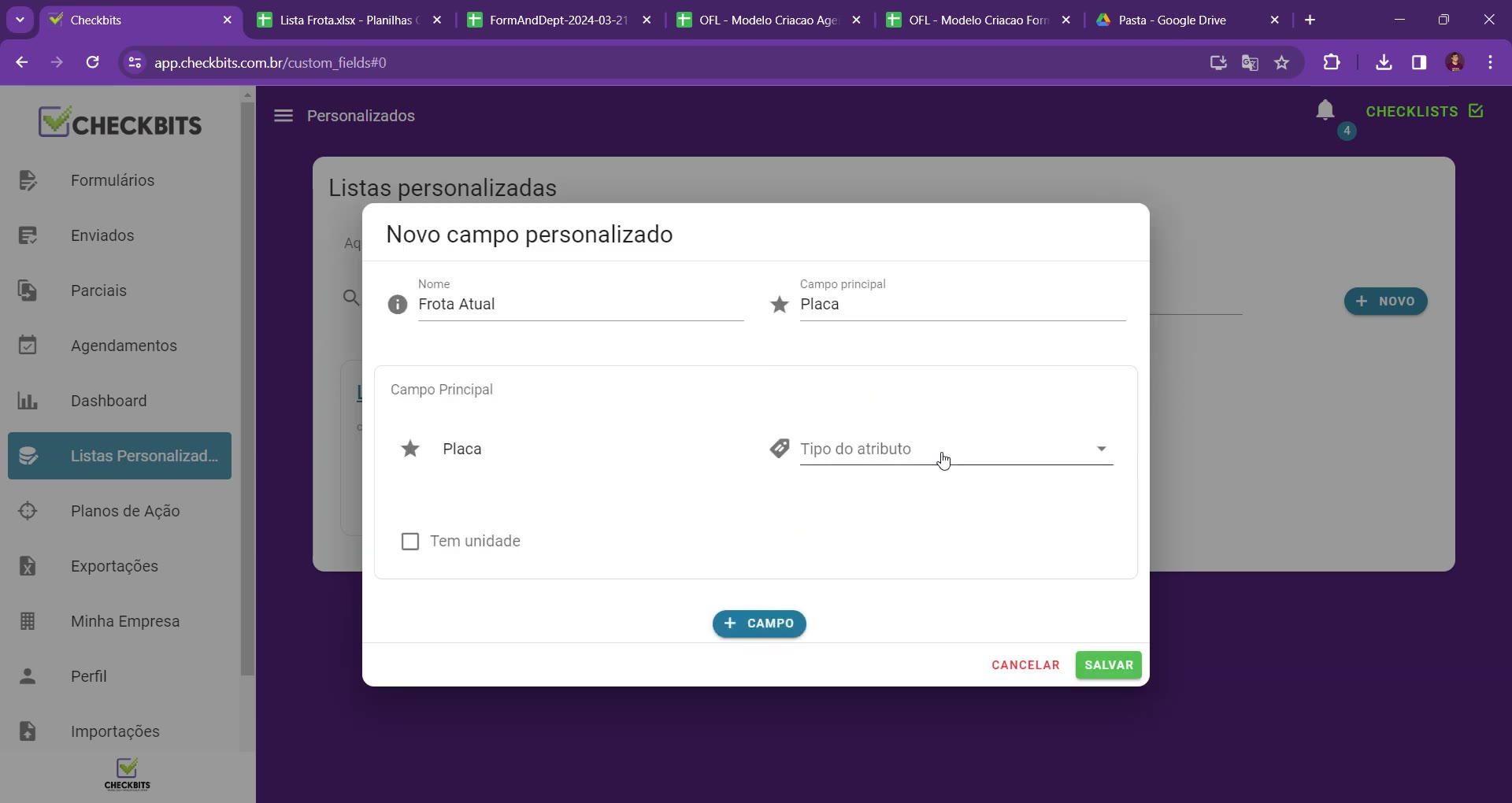 Modal Novo campo personalizado com o campo principal Placa