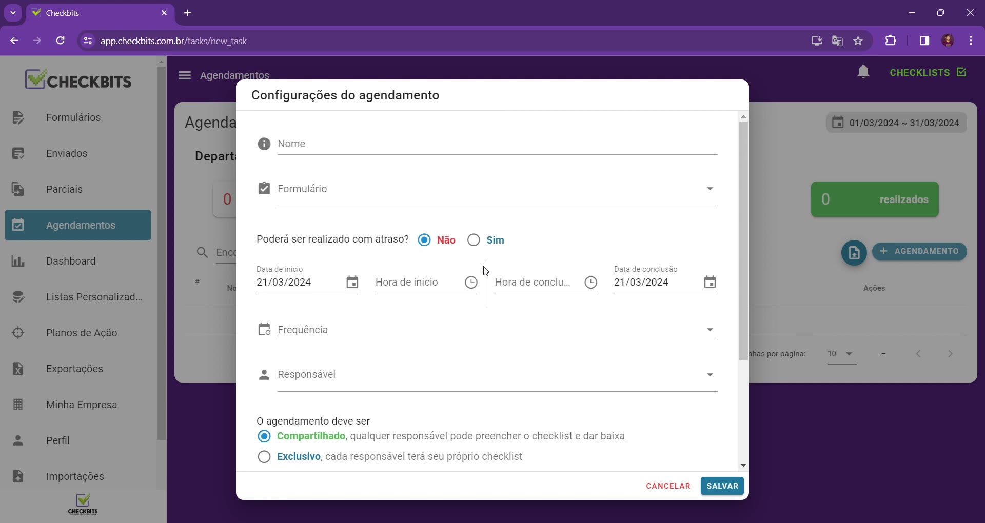 Janela Configurações do agendamento com os campos em branco e botões Cancelar e Salvar