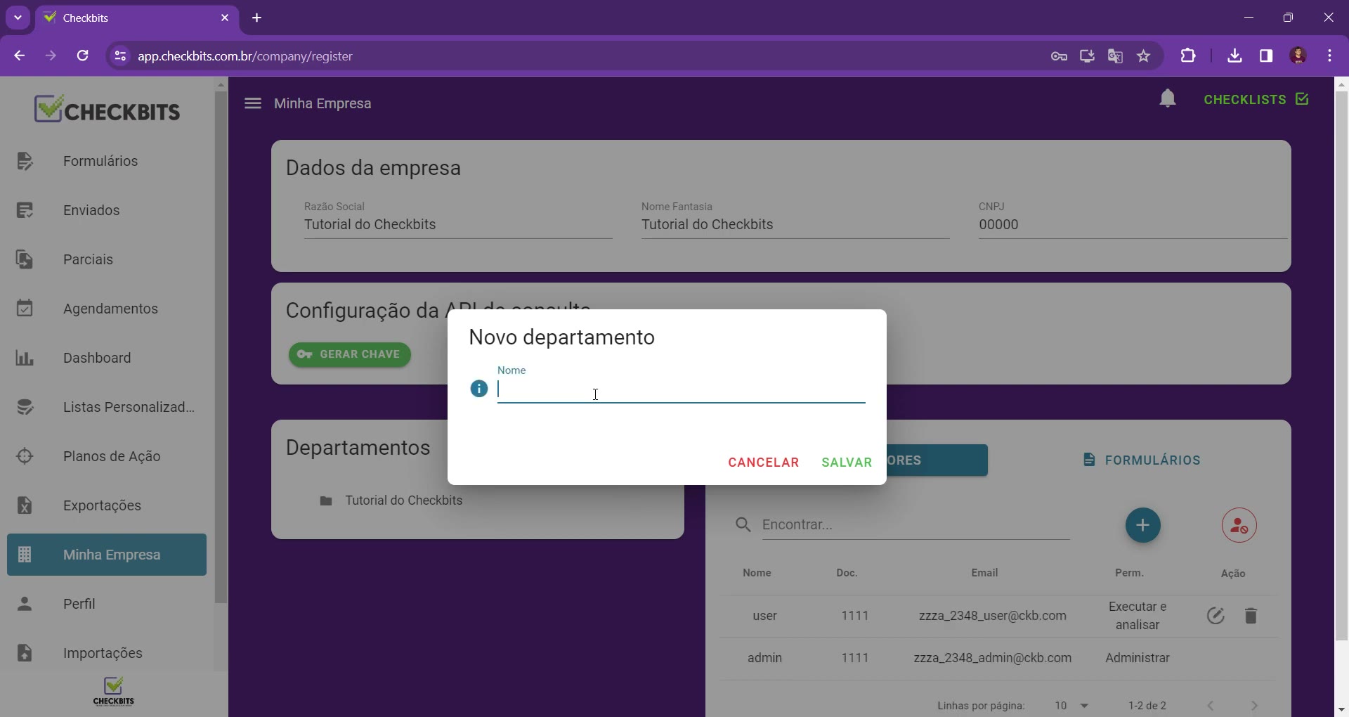 Modal Novo departamento com campo Nome e botões Cancelar e Salvar