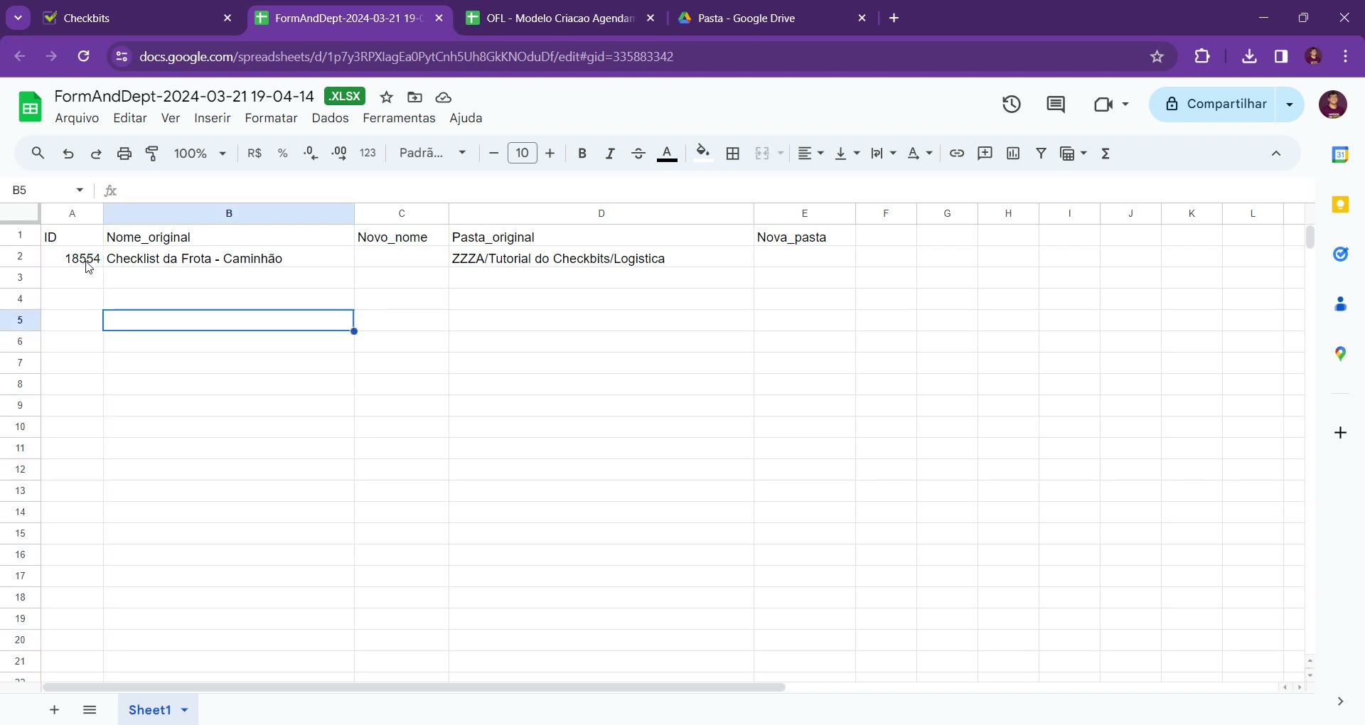 Planilha Excel com as colunas ID, Nome original, Novo nome, Pasta original e Nova pasta preenchidas para o checklist de origem