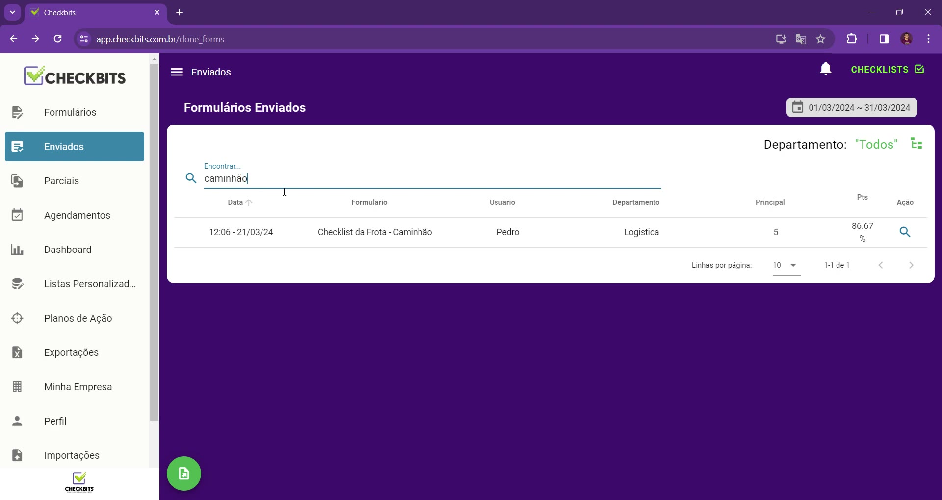 Pesquisa por termo na lista de enviados