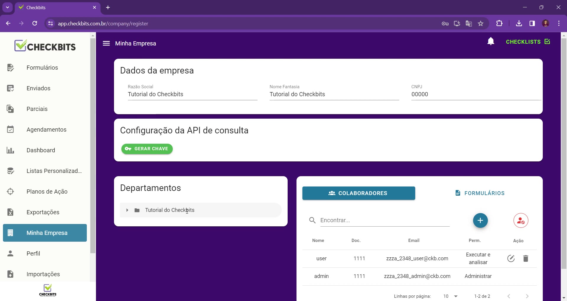 Tela Minha Empresa com a seção Departamentos e a pasta mãe Tutorial do Checkbits