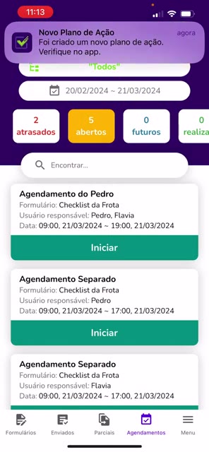 Notificação de novo plano de ação e painel de agendamentos com contadores