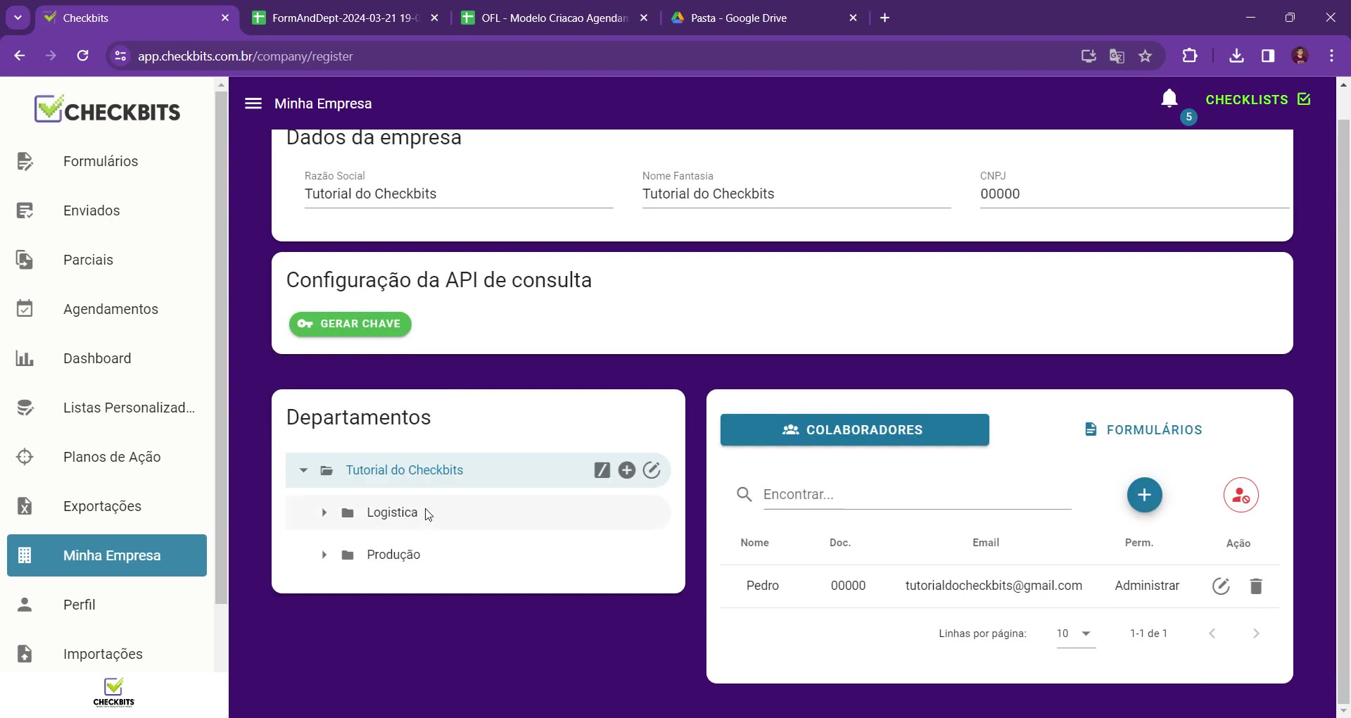 Tela Minha Empresa com a árvore de Departamentos exibindo as pastas Logística e Produção
