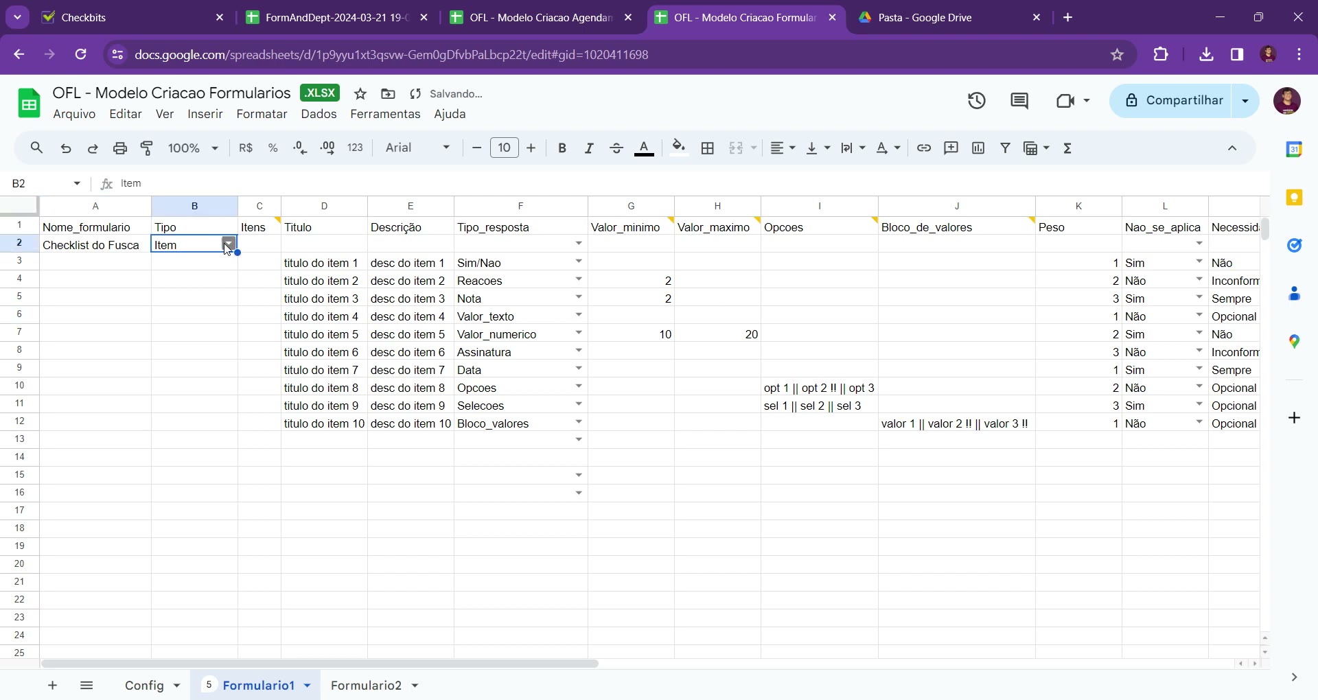 Planilha-modelo com as colunas Nome_formulario, Tipo, Itens, Titulo, Descricao e Tipo_resposta preenchidas com itens de exemplo