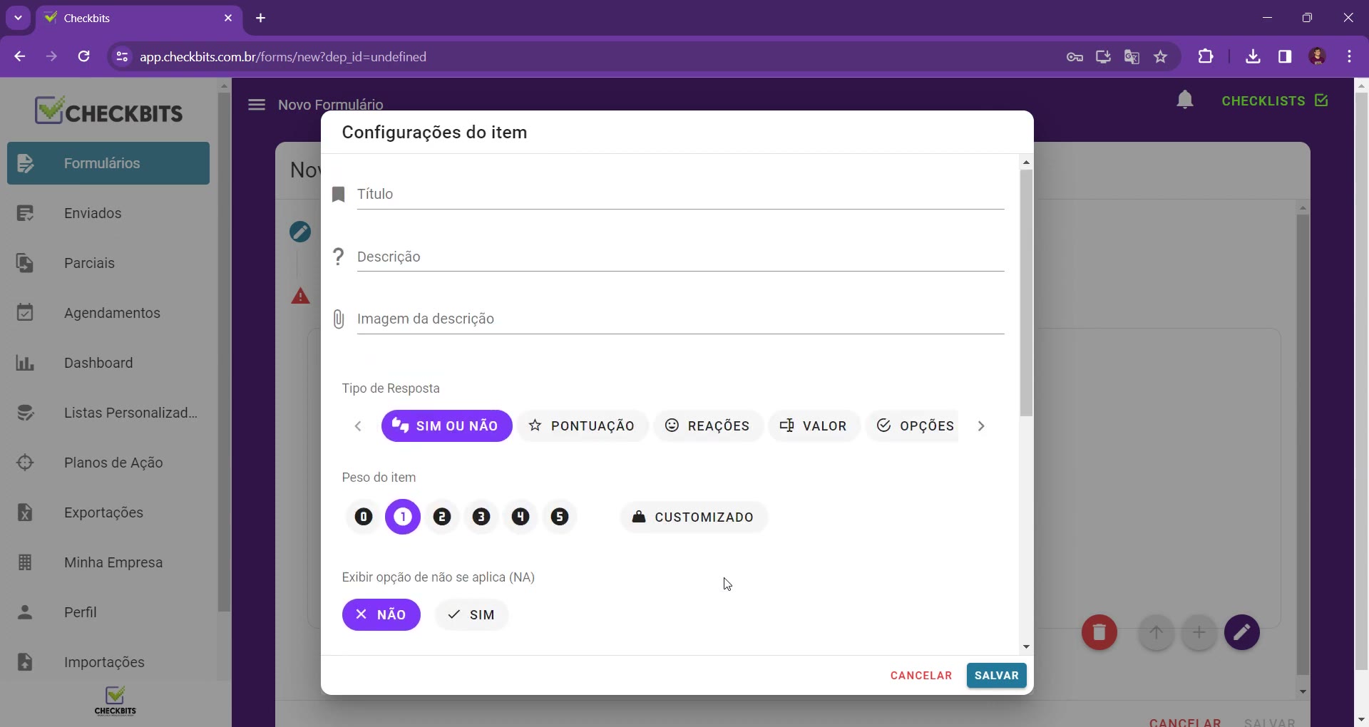 Modal Configurações do item com Título, Descrição, Tipo de Resposta e Peso do item