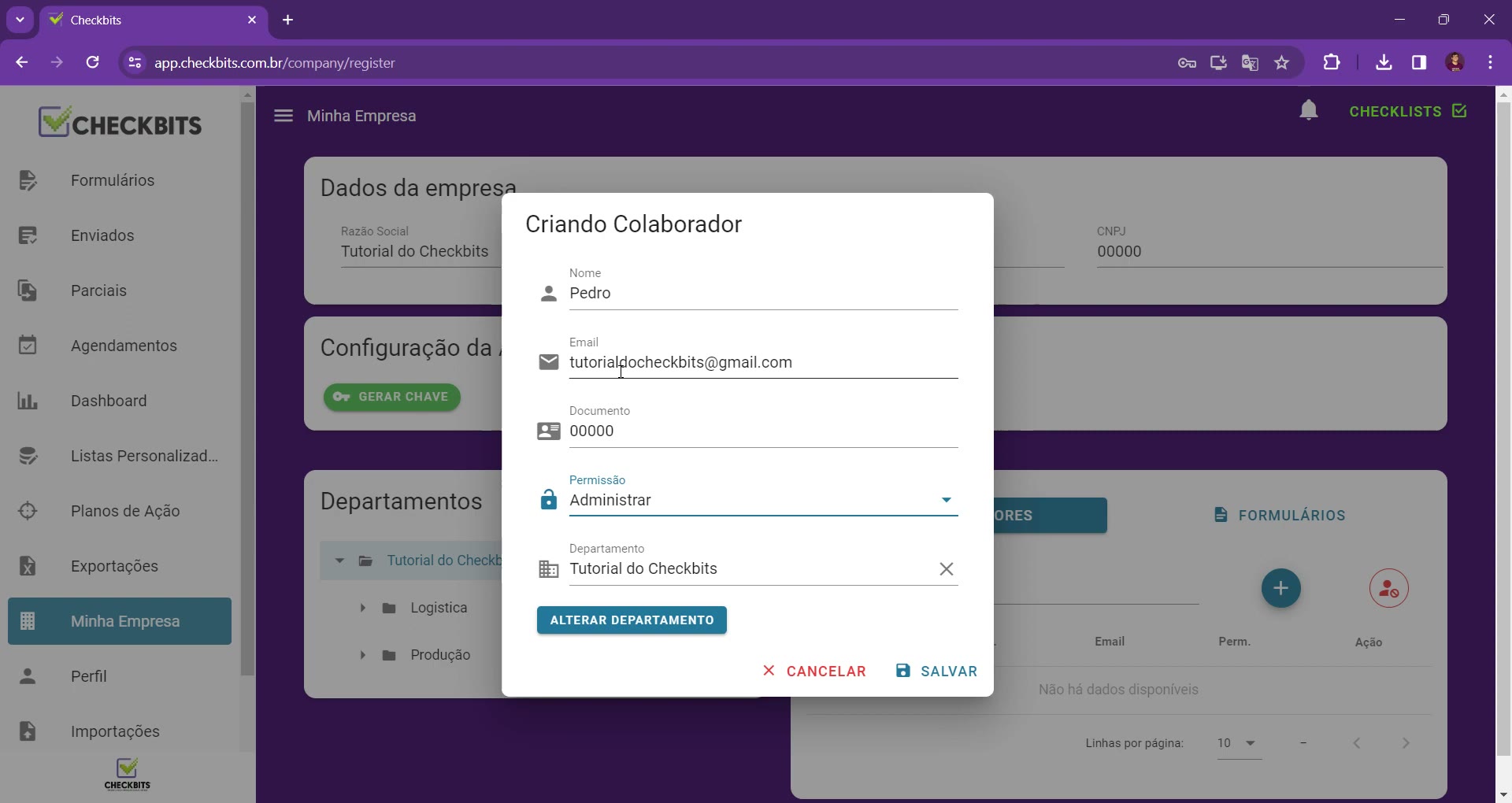 Formulário preenchido com nome, e-mail, documento, permissão Administrar e departamento selecionado