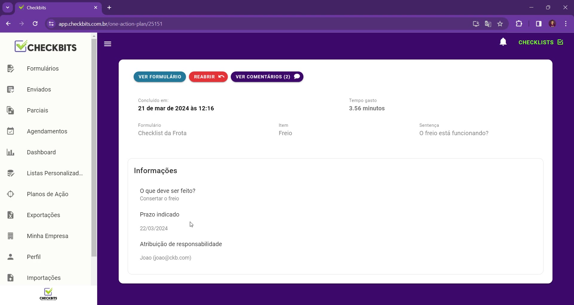 Detalhe de um plano de ação no Checkbits