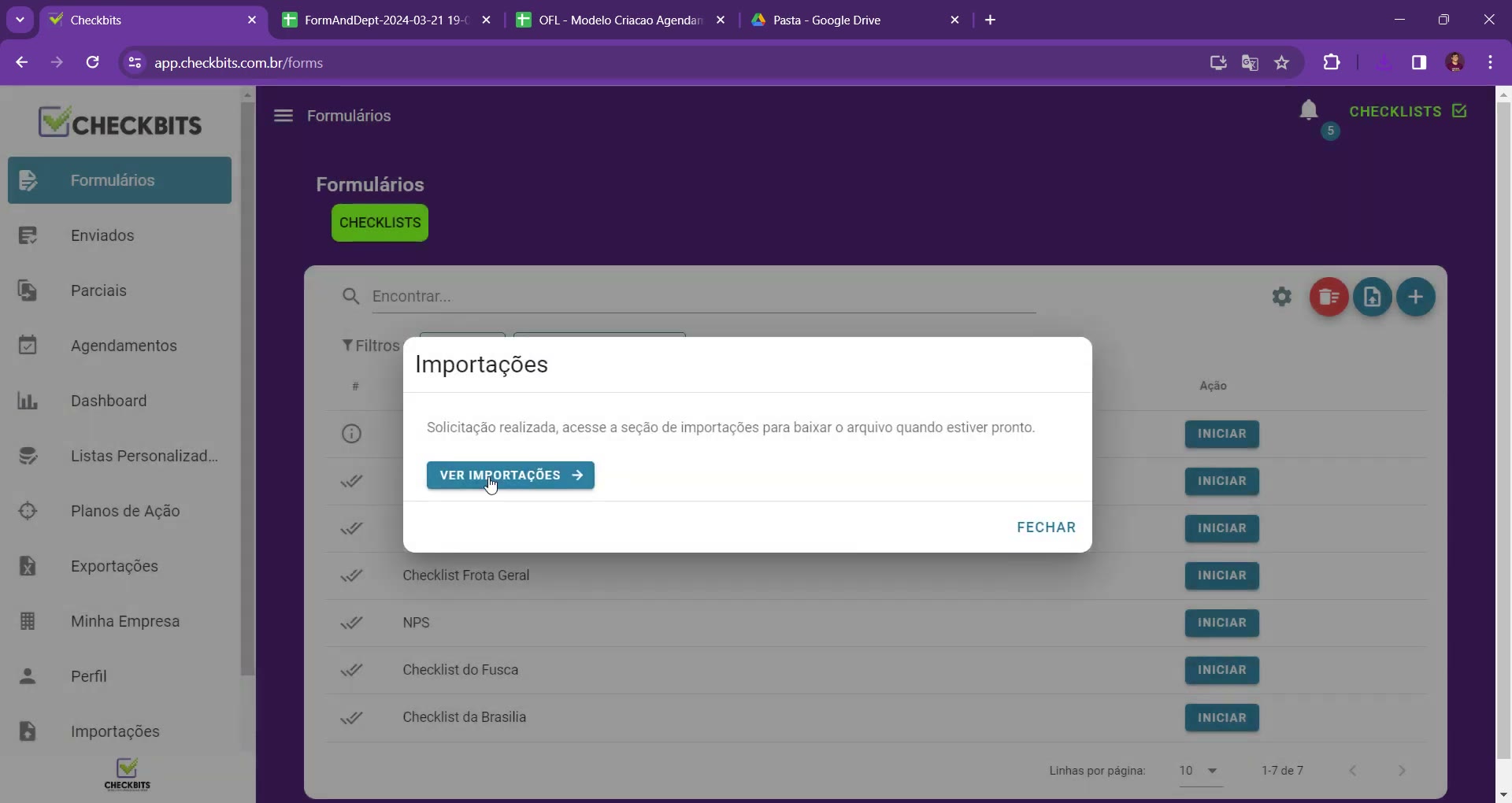 Modal de Importações confirmando que a solicitação foi realizada, com o botão Ver importações