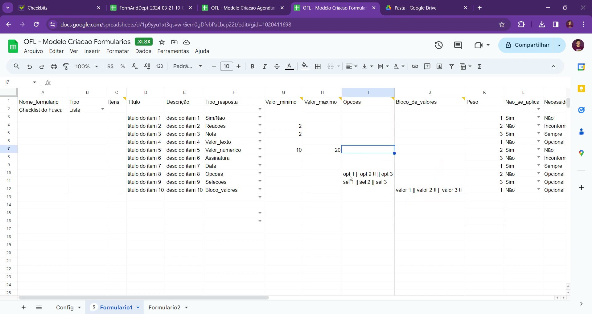 Planilha com Tipo definido como Lista e as colunas Opcoes e Bloco_de_valores preenchidas com separadores por barra dupla