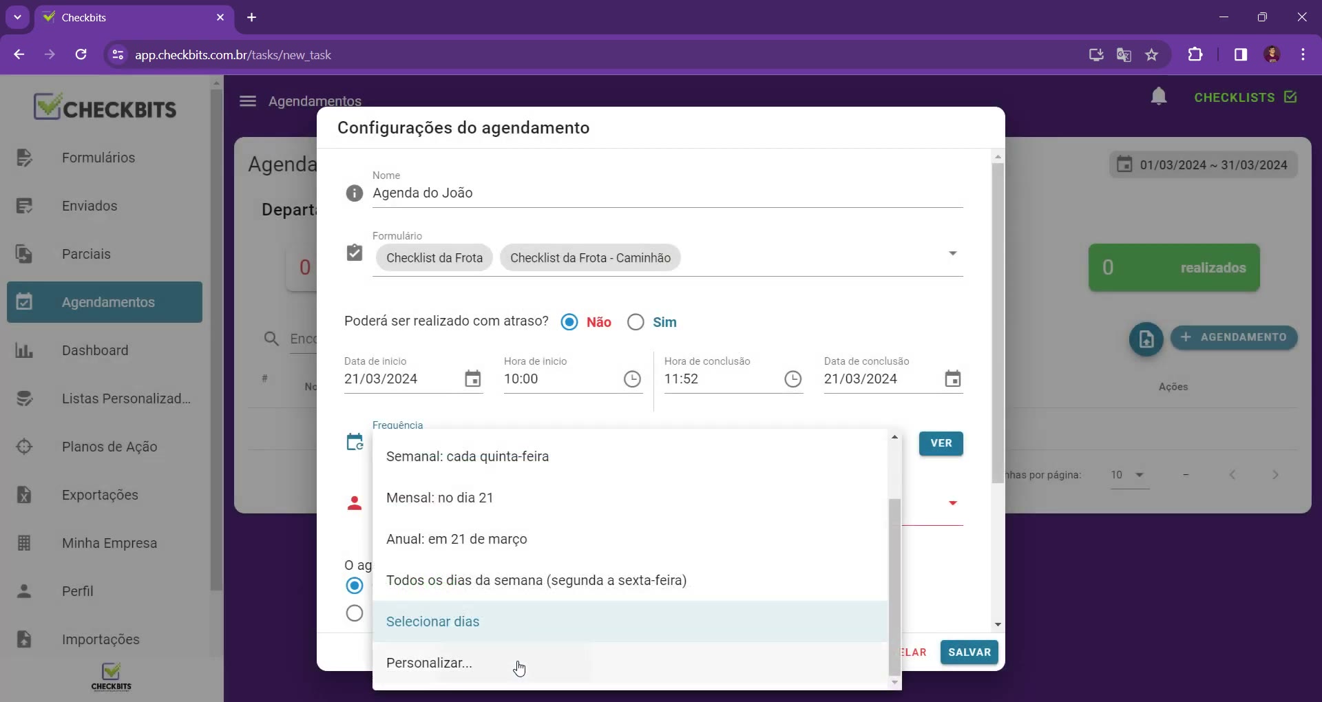 Agendamento preenchido com nome, dois formulários e o menu de frequência aberto