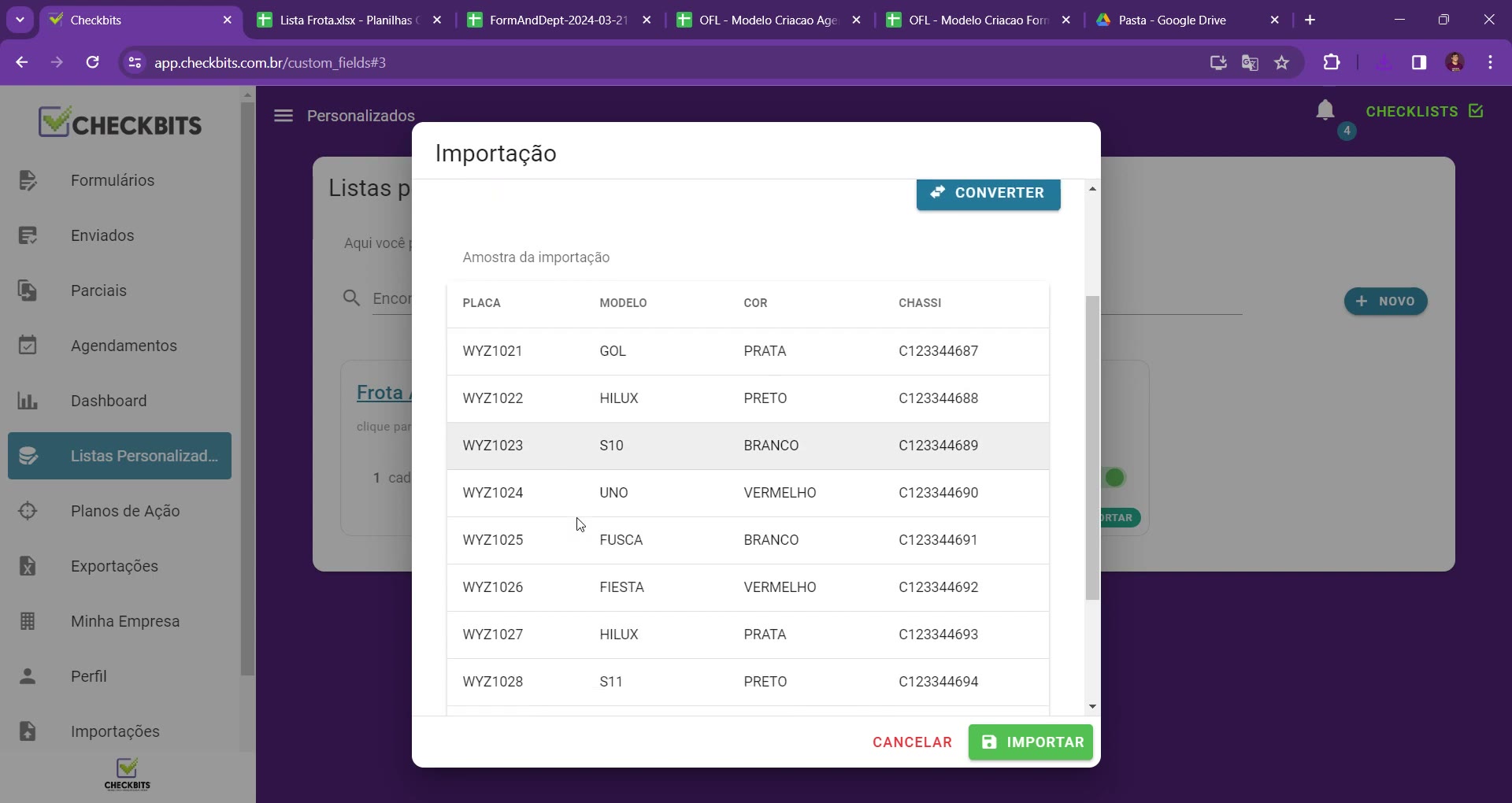 Modal de Importação para selecionar o arquivo CSV
