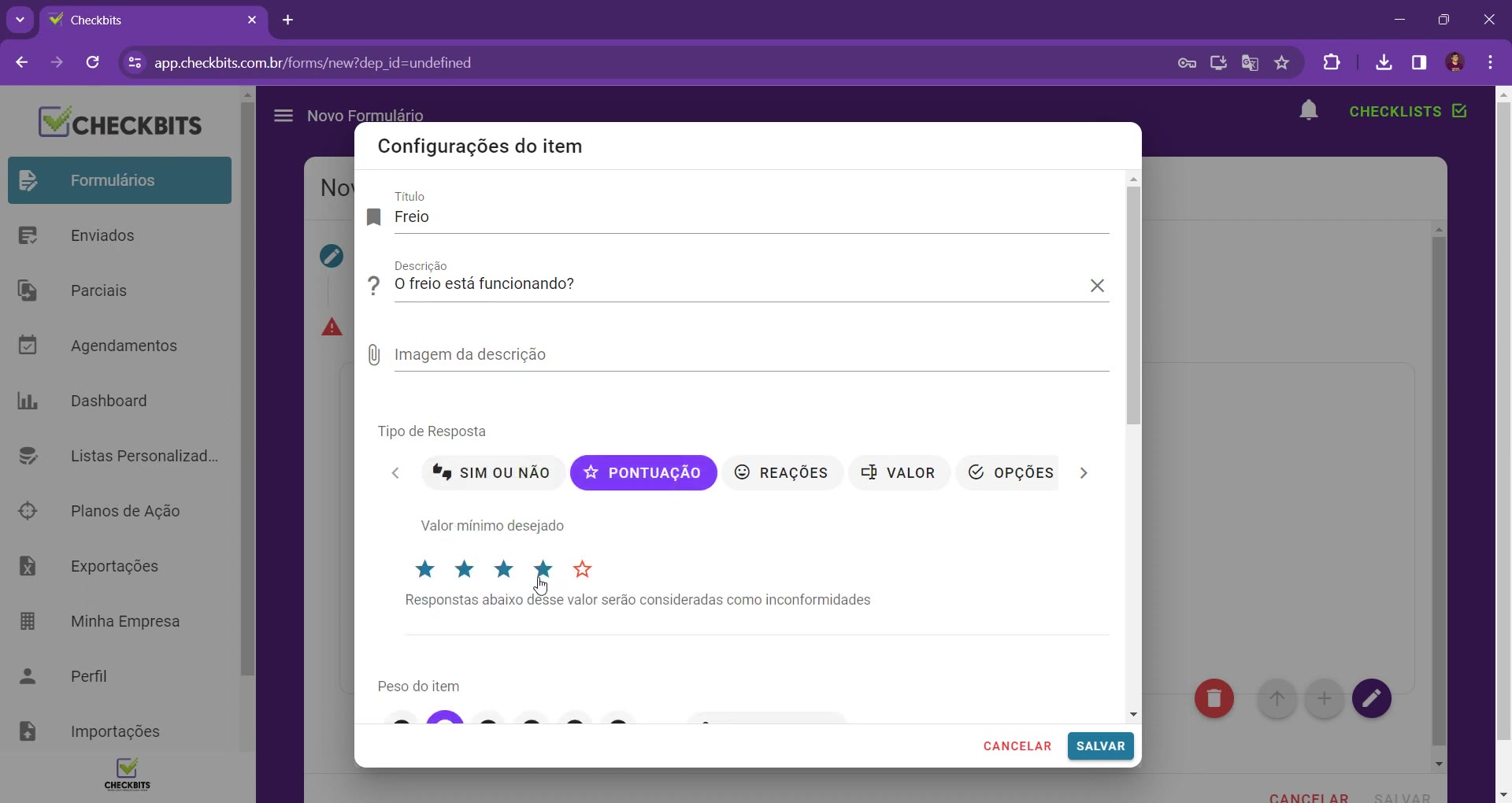 Tipo de resposta Pontuação com valor mínimo de quatro estrelas