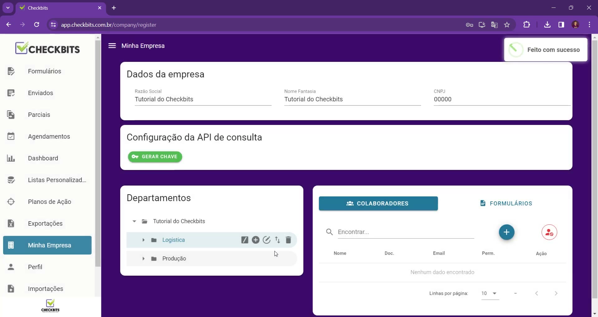 Mensagem Feito com sucesso após salvar o colaborador
