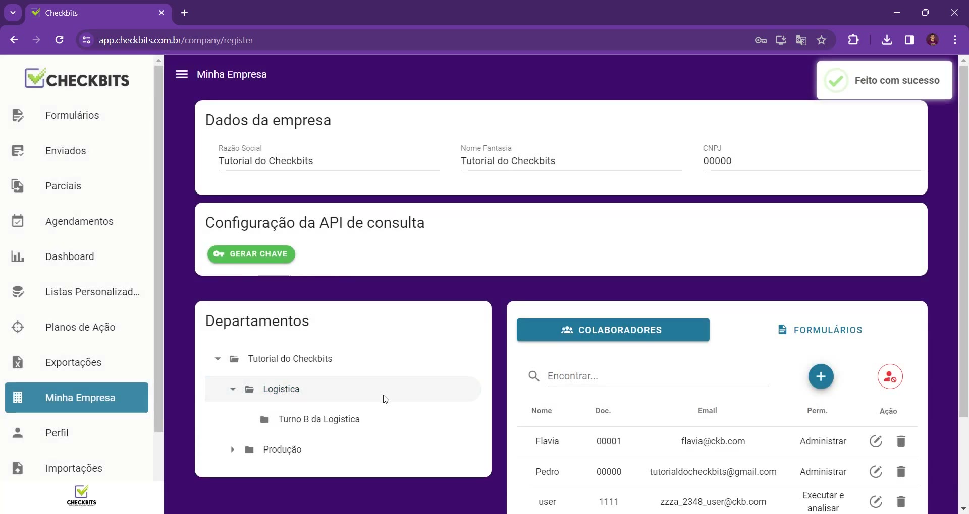 Listagem de colaboradores com colunas de permissão e ações de editar e excluir