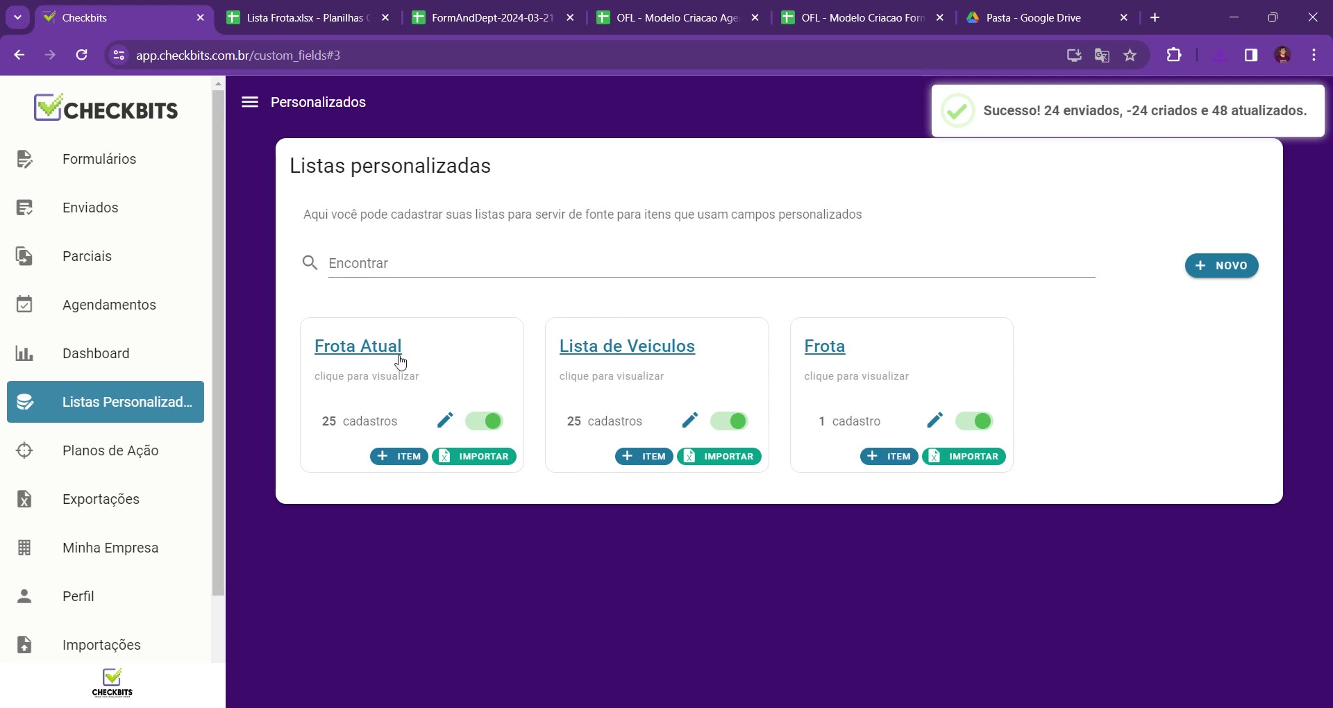 Mensagem de sucesso após a importação dos registros