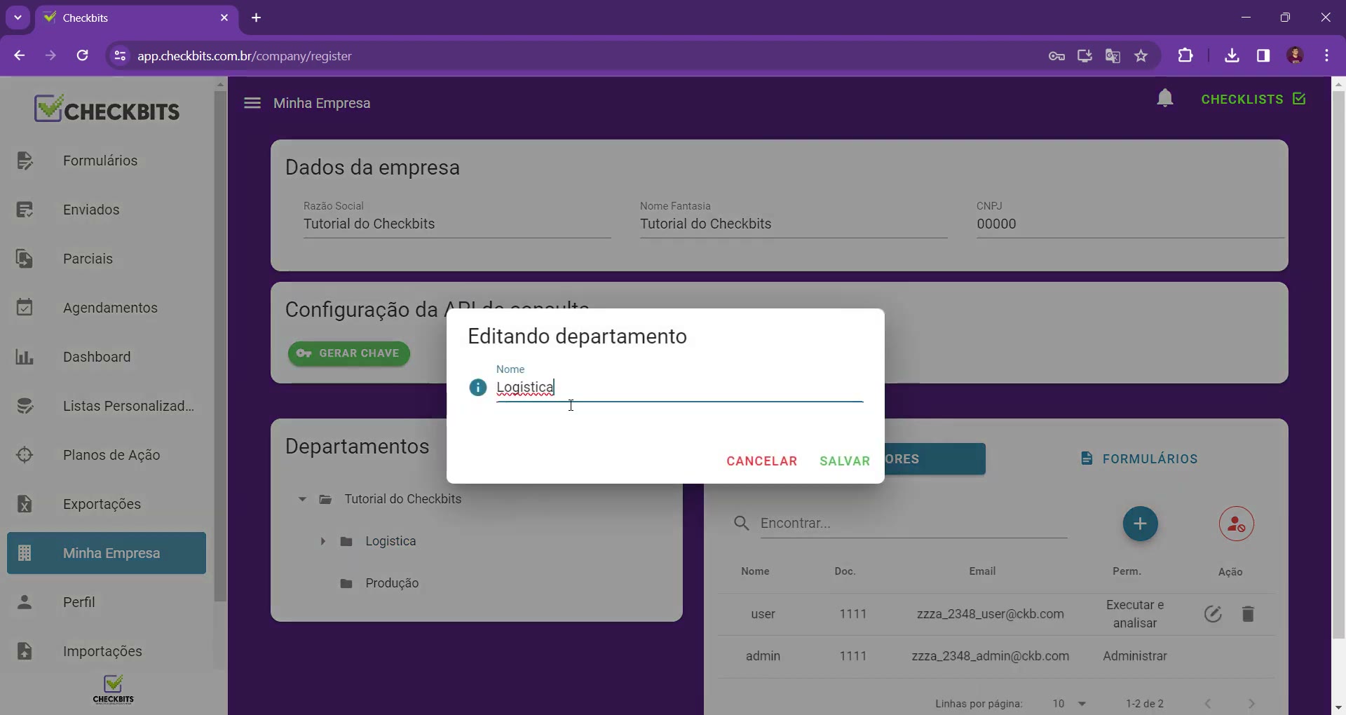 Modal Editando departamento com o campo Nome preenchido e botões Cancelar e Salvar
