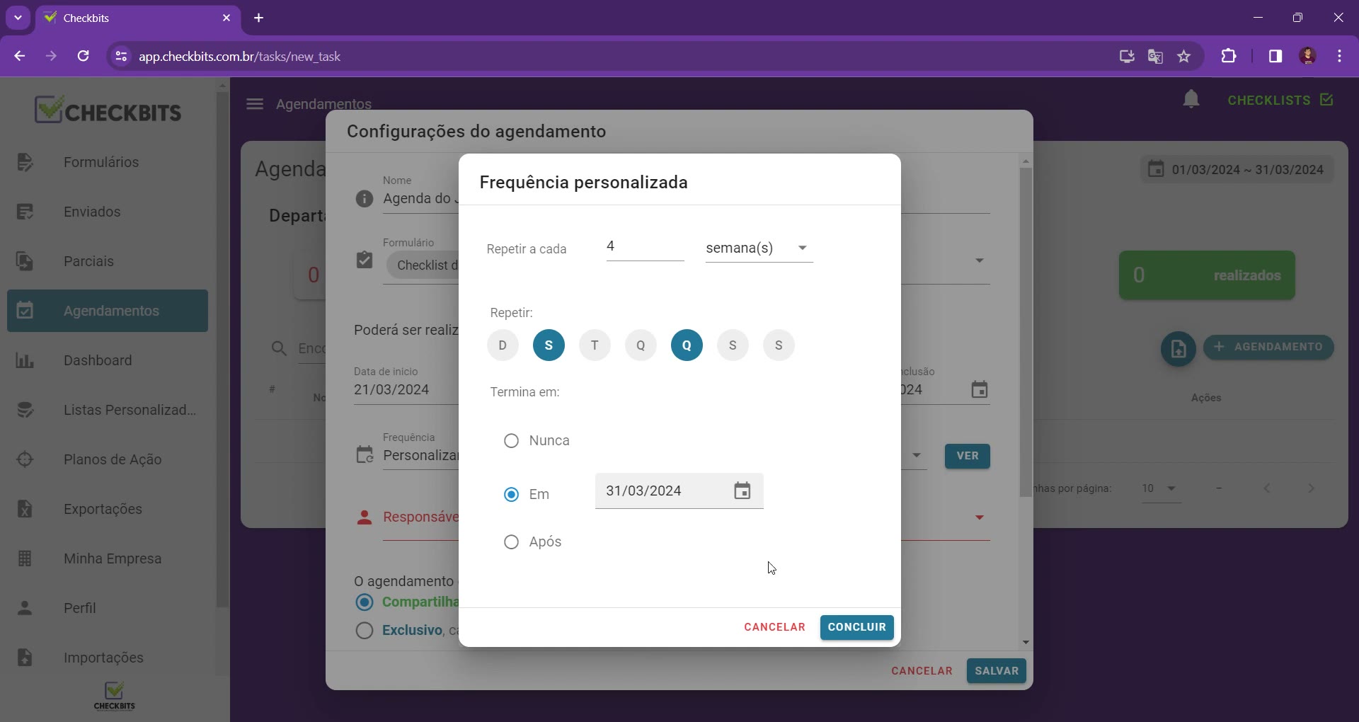 Janela Frequência personalizada com repetição por semanas, dias e opções de término