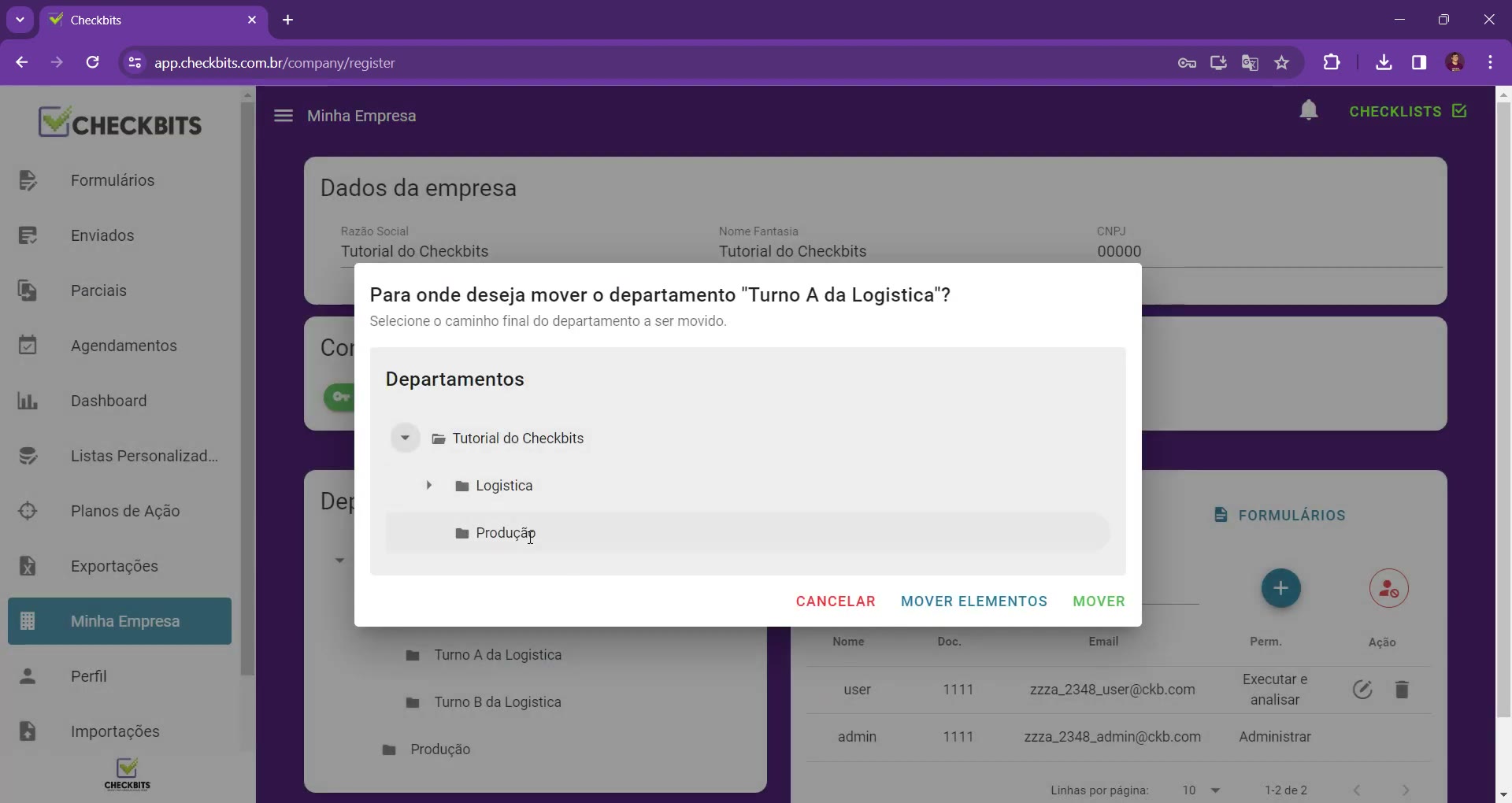 Diálogo para escolher o destino do departamento a ser movido, com botões Cancelar, Mover elementos e Mover