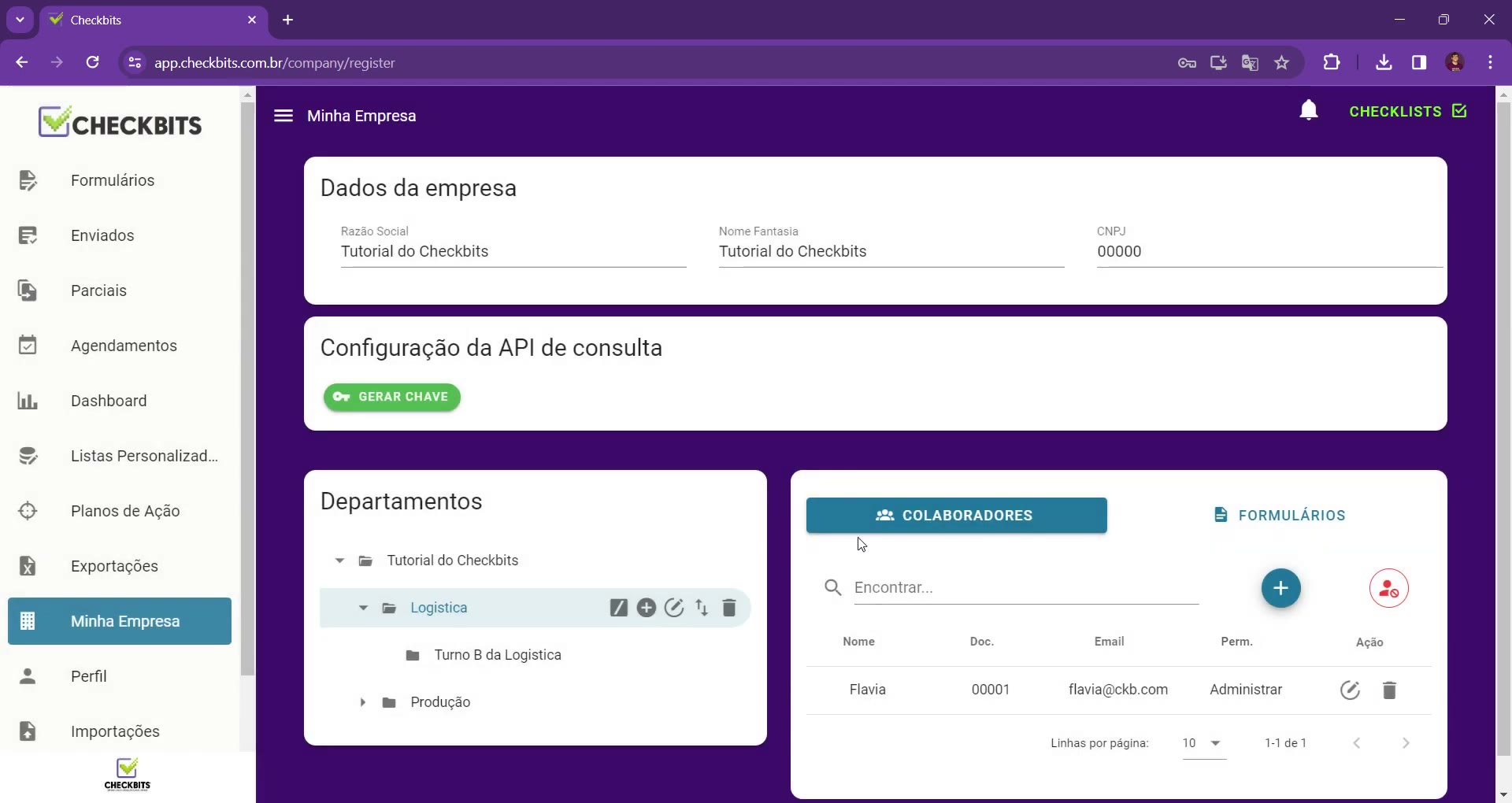 Departamento Logística selecionado exibindo apenas os colaboradores dessa pasta