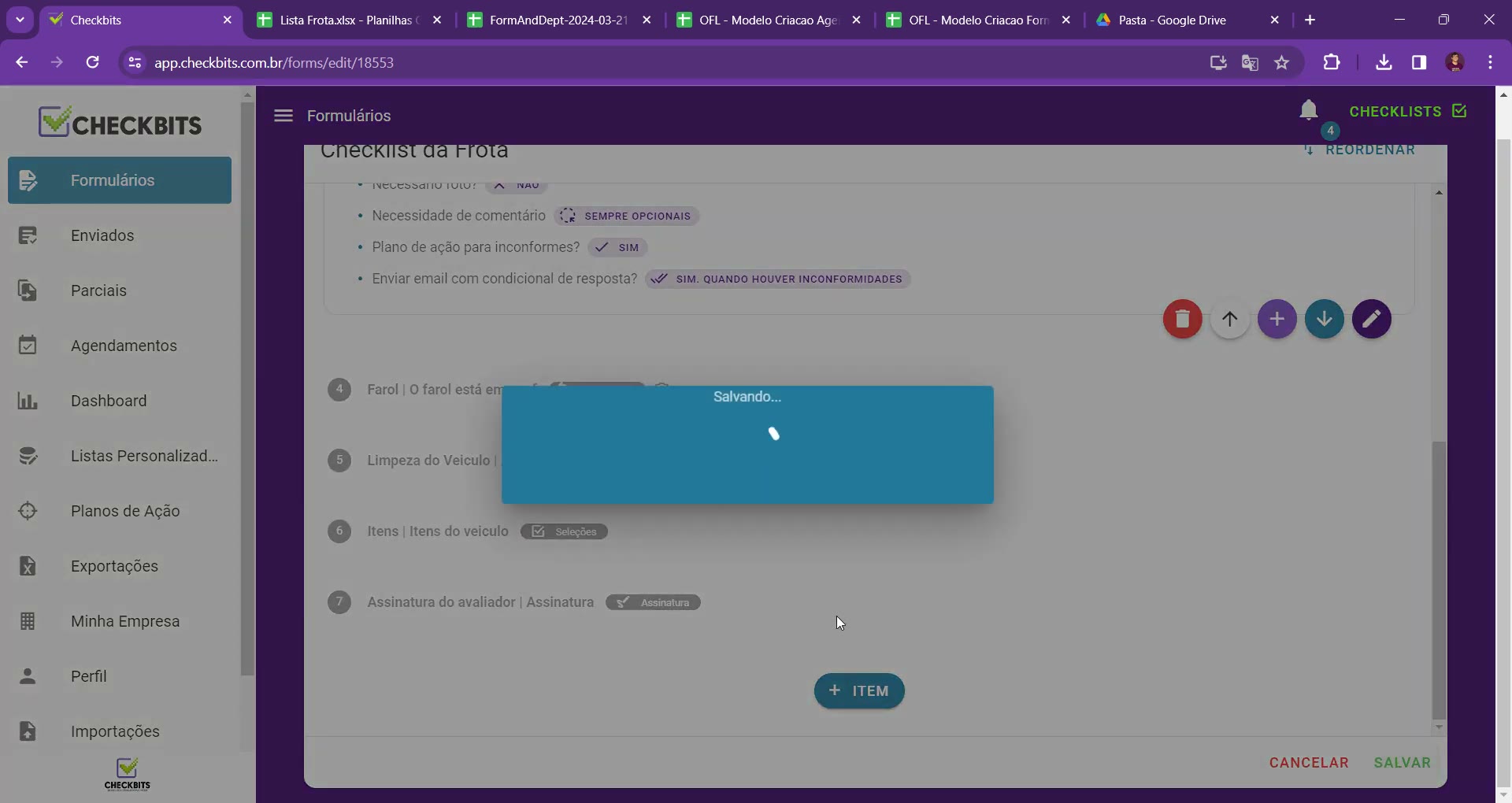 Configuração da pergunta com tipo Campo Personalizado vinculado à lista Frota Atual