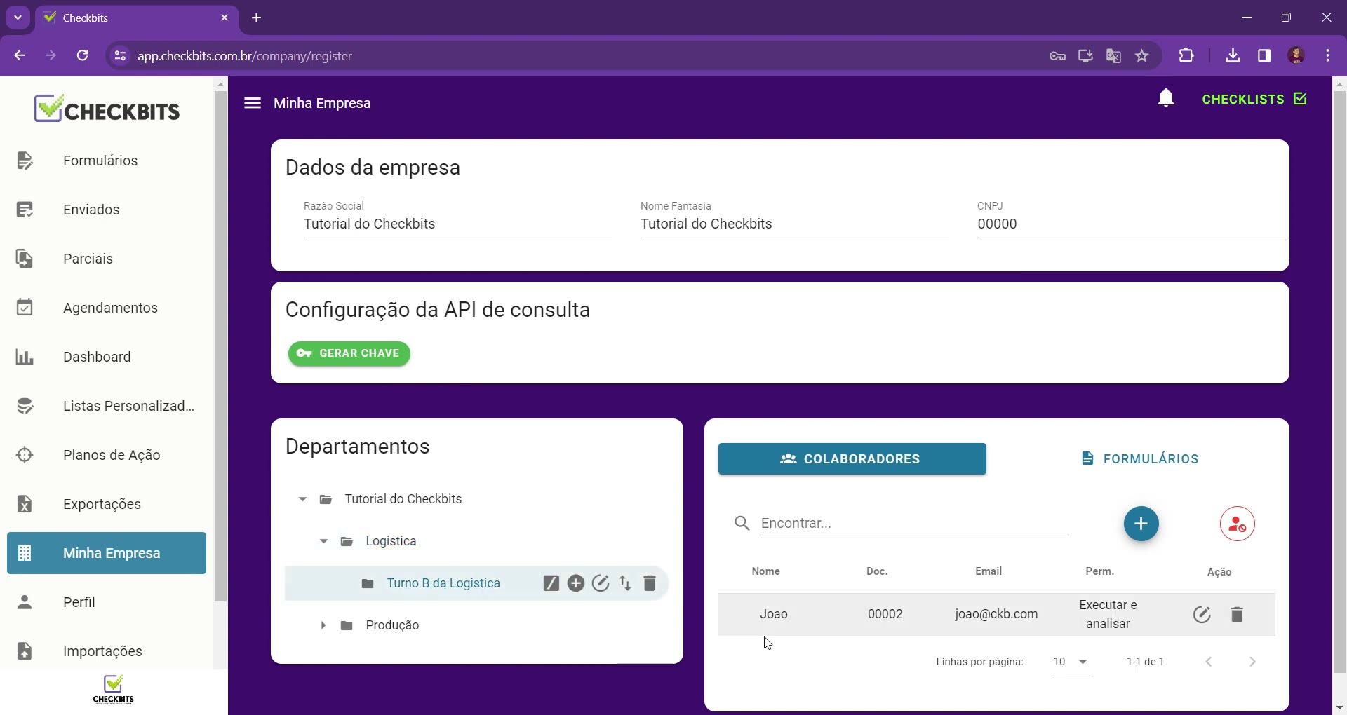 Colaborador cadastrado em um subdepartamento com permissão Executar e analisar
