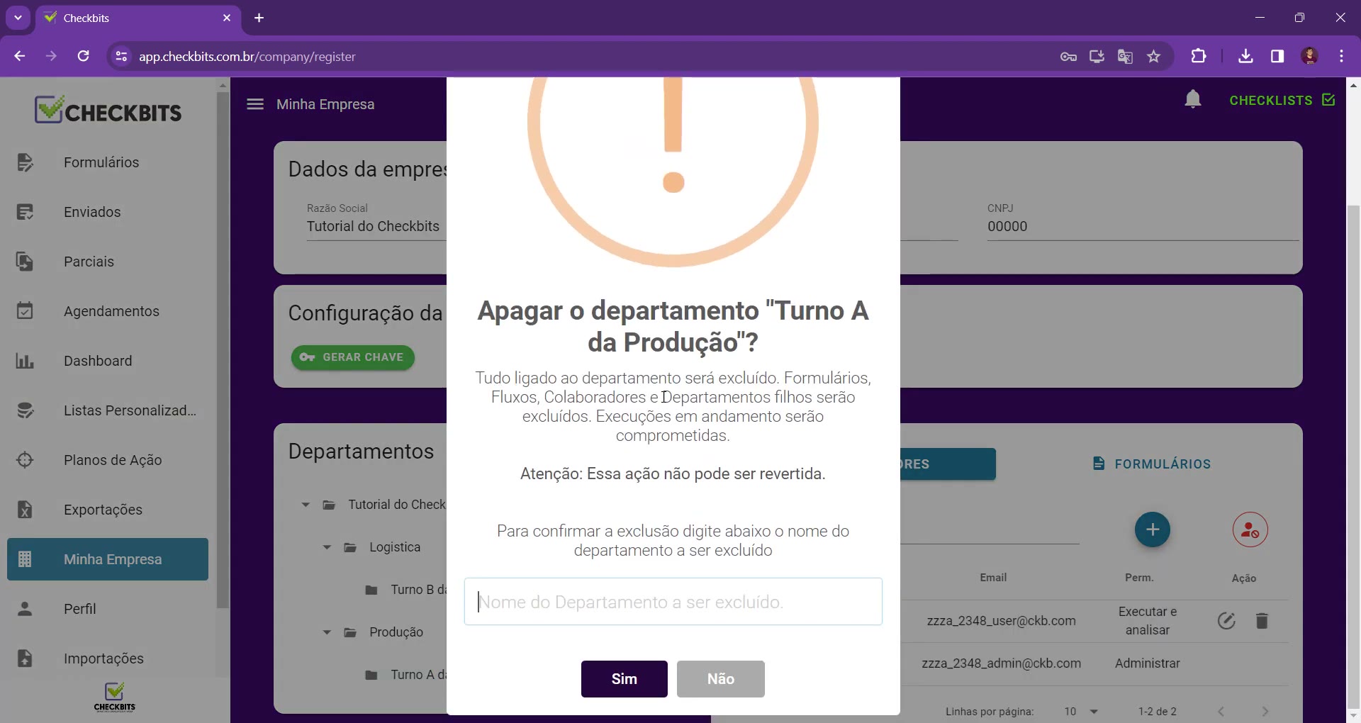 Diálogo de confirmação de exclusão com aviso, campo para digitar o nome do departamento e botões Sim e Não