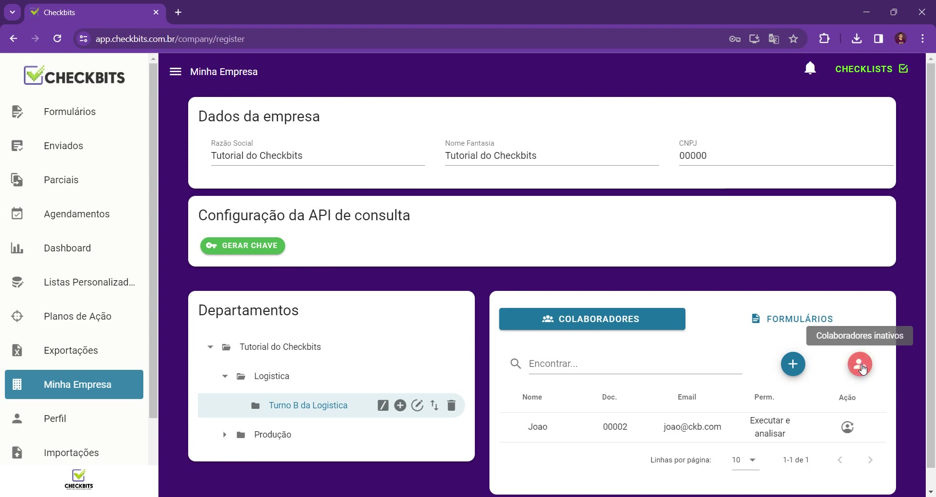 Botão Colaboradores inativos e ação de restaurar colaborador na listagem