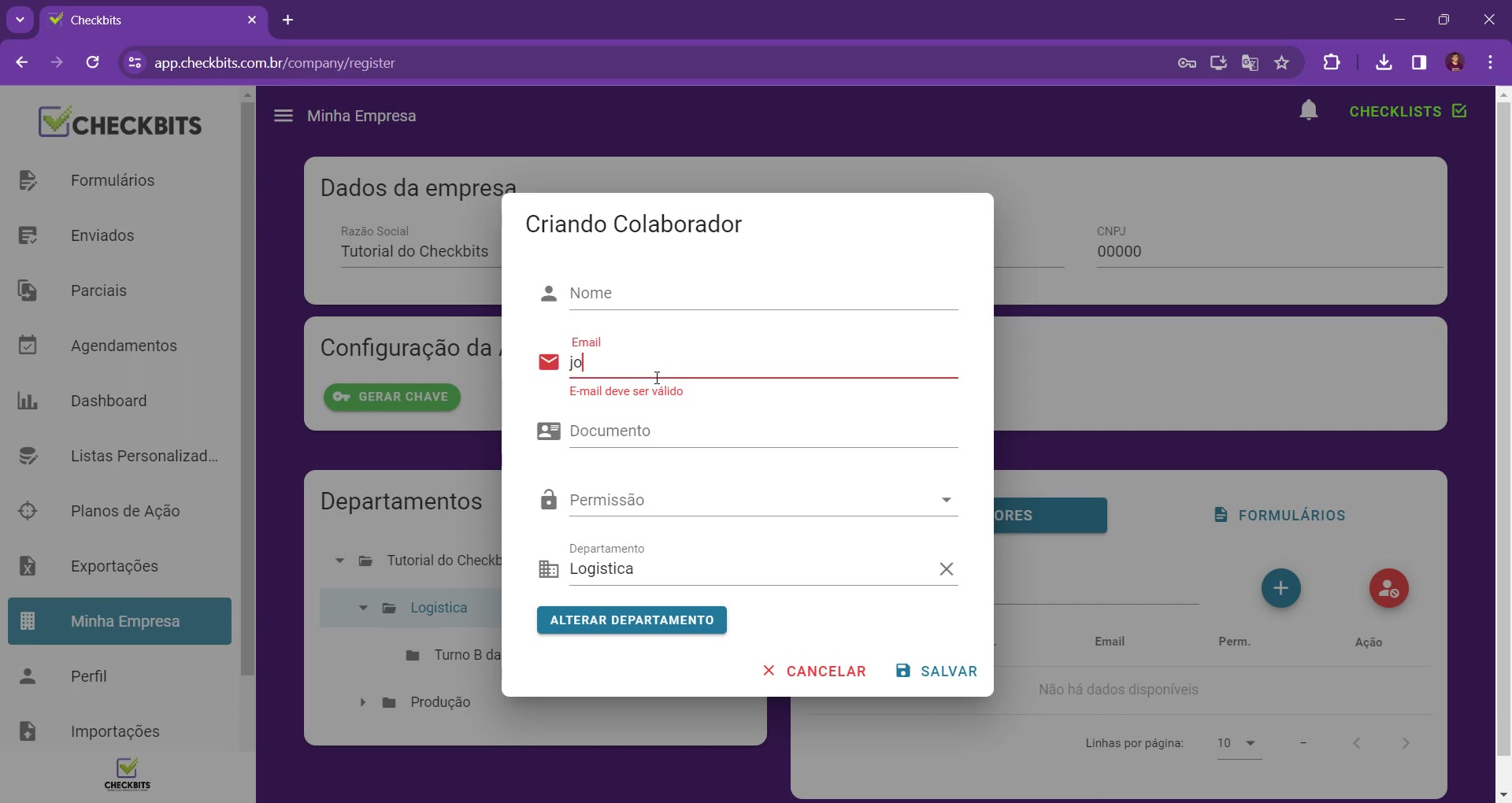 Formulário com erro de validação no campo de e-mail por já existir cadastro