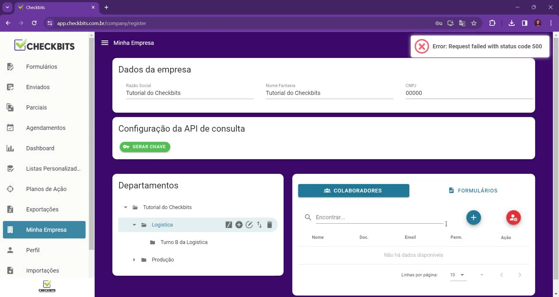 Mensagem de erro indicando que a requisição falhou ao recadastrar e-mail existente