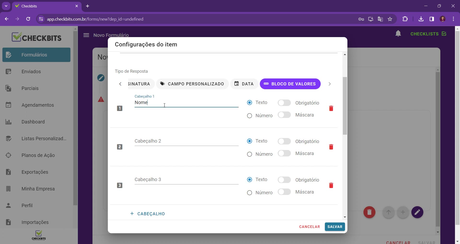 Bloco de valores com três cabeçalhos, cada um com Texto/Número, Obrigatório e Máscara