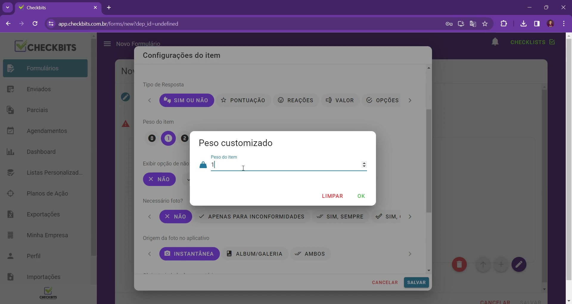 Tratativas do item: necessário foto, origem da foto, obrigatoriedade de comentários, classificação da inconformidade e criar plano de ação