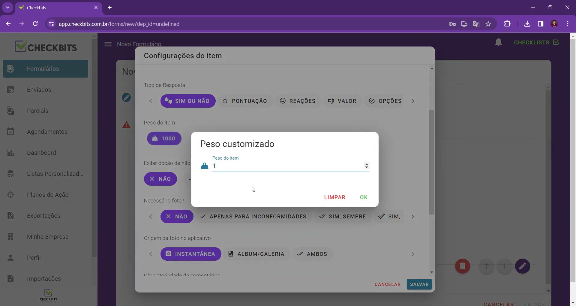 Caixa Peso customizado para informar um peso diferente do item